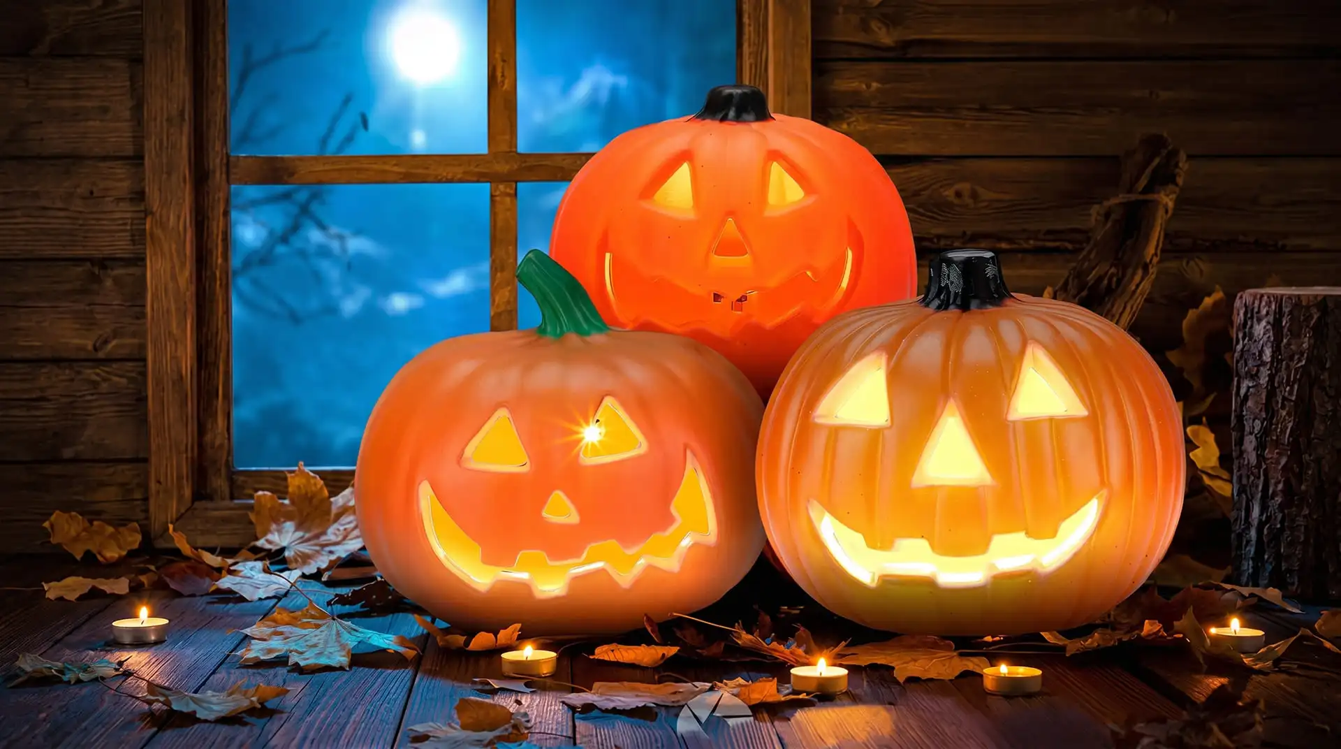 Đèn bí ngô Jack-o'-lantern khắc hình mặt đáng sợ phát sáng trong đêm Halloween 31/10 - biểu tượng kinh điển của lễ hội Halloween toàn cầu
