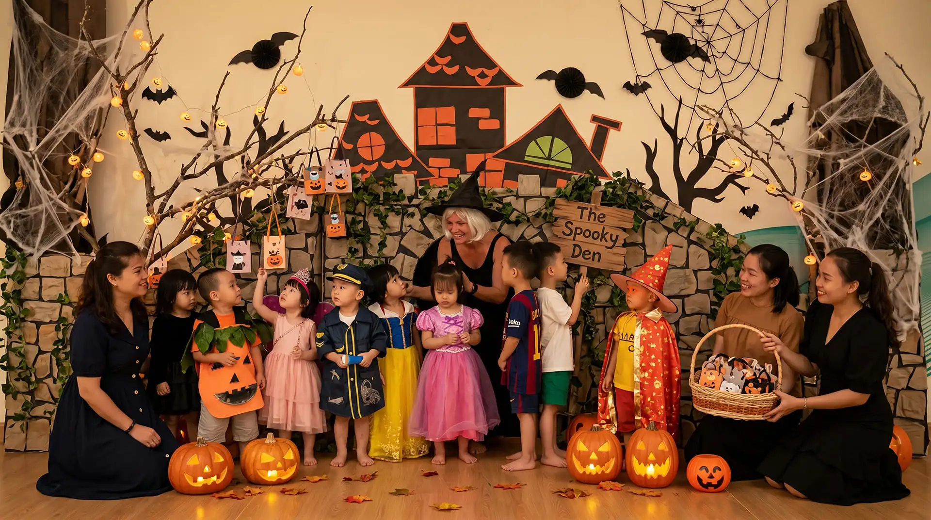 Trẻ em hoá trang thành ma, phù thuỷ, siêu anh hùng đi trick or treat xin kẹo trong đêm Halloween 31/10 tại khu dân cư