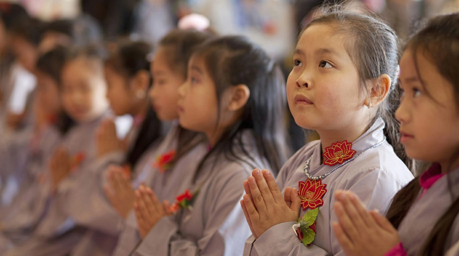 Các em nhỏ chắp tay khấn nguyện, cài bông hồng đỏ trên áo trong Lễ Vu Lan báo hiếu tại chùa