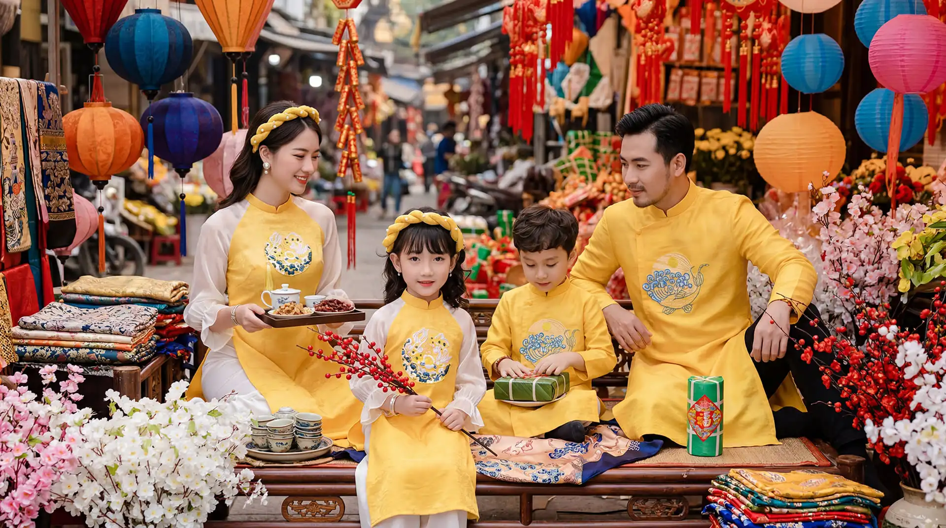 Gia đình mặc áo dài vàng đi chợ Tết, mua sắm đón năm mới