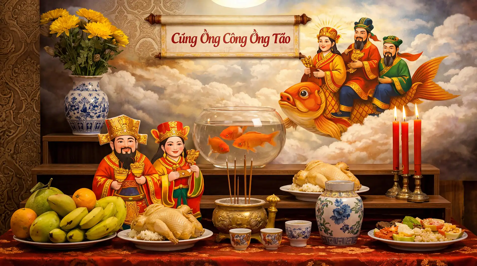 Mâm cúng Ông Công Ông Táo với cá chép, đồ lễ và tượng Táo Quân