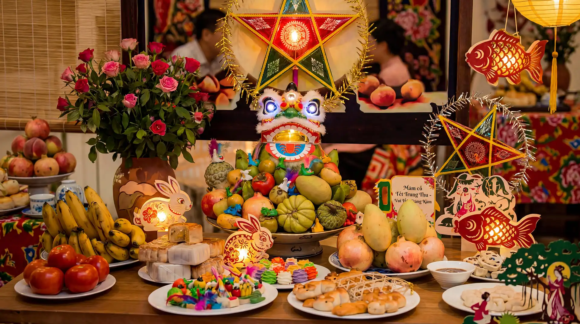 Mâm cỗ Tết Trung Thu với hoa quả, bánh trung thu và đèn lồng